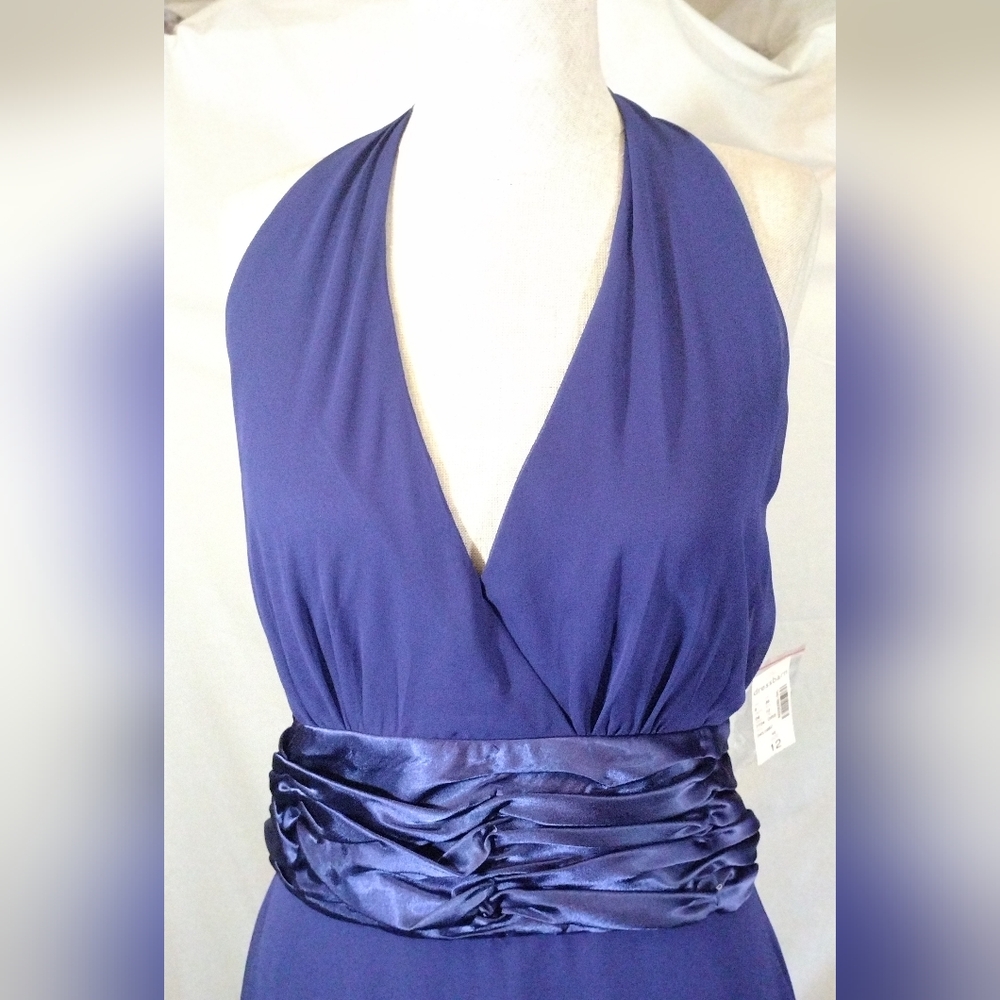 Dressbarn TAG Halter Dress, midi, Blue Satin Waist with Tie, Lined, V-Neck, 12 - Picture 8 of 9